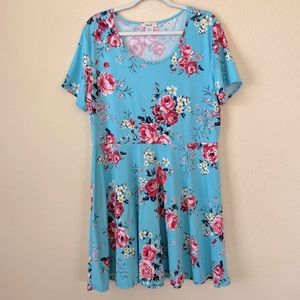 Marci Blue Floral Scoop Neck Fit & Flare Short Sleeve Jersey Knit Spring Dress